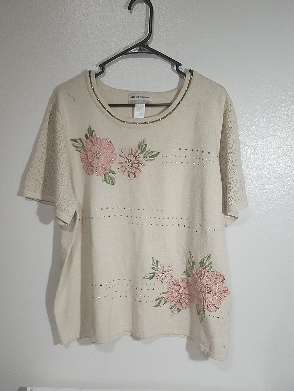 Alfred Dunner Cream Short Sleeve Top with Pink Floral Embroidery